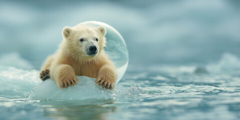 Eisbär Baby sitzt auf kleinen schmilzenden Eisberg, ai generativ - obrazy, fototapety, plakaty