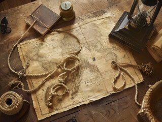 An evocative image featuring a historic map laid out among various explorers' tools creating an ambiance of past adventures