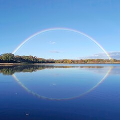 Fototapeta na wymiar tranquil lake reflecting a full arc rainbow under a clear sky