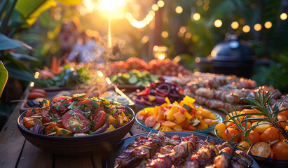 Assorted delicious grilled meat with vegetable over the coals on barbecue - obrazy, fototapety, plakaty