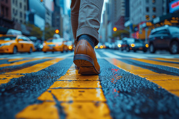 Man crossing the street at the yellow line in New York City with cars and yellow taxi cabs on the background