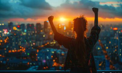Silhouette of successful woman stand on rooftop with fist raised up during beautiful sunrise - obrazy, fototapety, plakaty