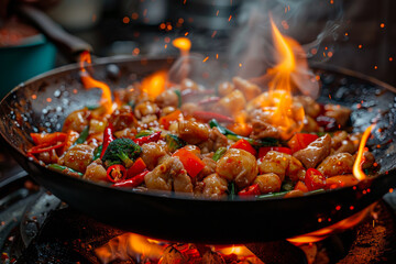 Asian cuisine. Cooking with fire in wok pan.