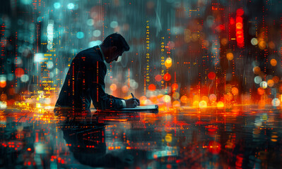 Man works at table writing in notebook with cityscape and red lights in the background.
