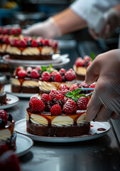 Chef decorating cake with fresh raspberries and mint - obrazy, fototapety, plakaty