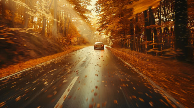 A serene yet dreary depiction of an autumn drive, the image features a single car traveling a rain-soaked road lined with fall trees