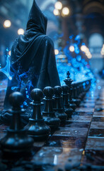 Chess board is chessboard with figure of wizard in hood - obrazy, fototapety, plakaty