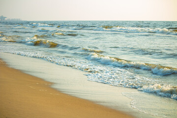 Beach sand and Waves. . The Beautiful Marina Beach, a natural urban beach in Chennai, Tamil Nadu,...