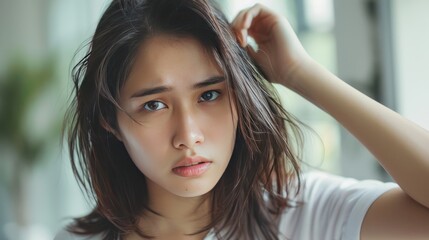 Naklejka premium Young asian woman having serious thin hair problem. AI generated