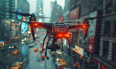 Drone flying over city. A drone carrying an emergency medical kit flying over the city streets, with skyscrapers in the background