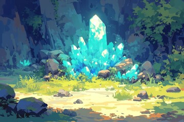 crystal in the forest. Magical, illustration, stylized