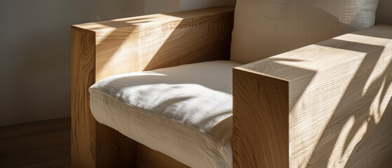 Elegant minimalist Japanese furniture wooden chair with comfortable white pillow cotton cushion made from cut wood with clean lines and shadow from sunlight created with Generative AI Technology