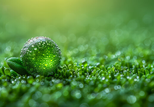 Green snail is crawling on the fresh green grass with dew drops