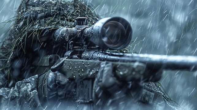 A sniper hidden with camouflage in a downpour, focusing his rifle scope for precision