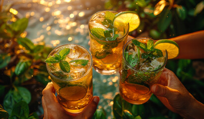Fototapeta premium Three glasses of mojito cocktail with mint and lime on the beach