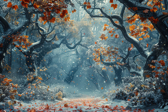 Generate a surreal depiction of a timeless grove, where the passage of seasons is distilled into a single moment: icy branches reach towards blooming flowers, while autumn leaves swirl amidst the gent