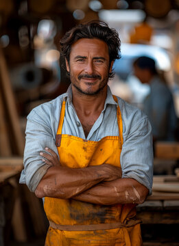 A photo of a smiling man wearing an apron standing in a woodshop with his arms crossed, behind him a team is working on wooden furniture pieces