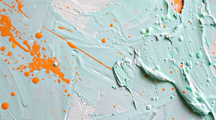 Mint and orange paint splatters on a textured surface.