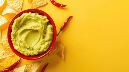Bowl of guacamole with nachos on yellow background