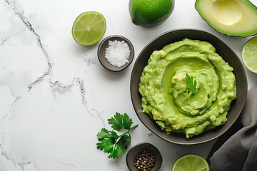 Bowl with tasty guacamole and ingredients on white background - 783764889