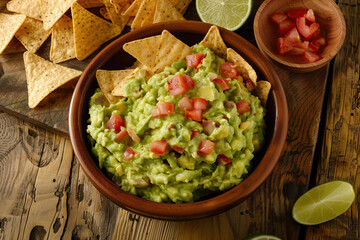 Mexican guacamole with nachos on wooden background