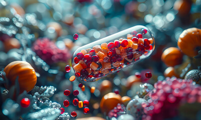 Multicolored pills and capsules fly out of glass bottle on dark background