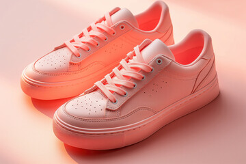 Pair of pink sneakers on pastel pink background