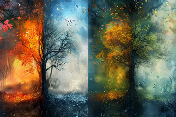 Generate an abstract representation of nature encapsulating all four seasons in a single image, where elements morph seamlessly from winter to spring, summer, and fall 
