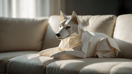 Beautiful white origami paper wolf dog lying on couch at home. Children's book illustration.