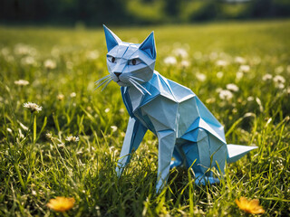 Adorable origami paper cat standing on meadow in spring. Children's book illustration.