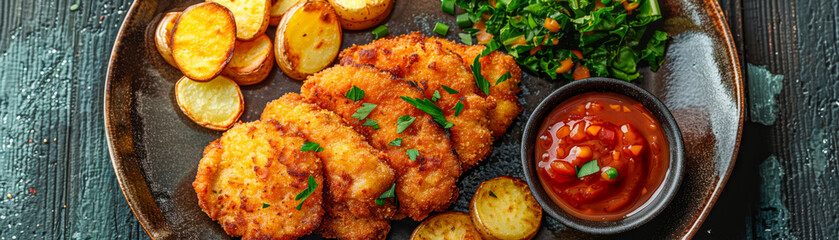 Fototapeta premium Crispy Chicken Schnitzels with Roasted Potatoes and Fresh Salad