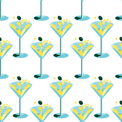 Seamless pattern cocktails. An illustration of classical drinks in different types of glasses. Vector illustration of summer cocktails isolated on background. Popular cocktails for design menu posters