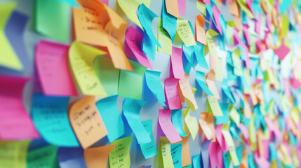 Wall Covered with Multicolored Sticky Notes Indicating Overwhelming Tasks and Reminders
