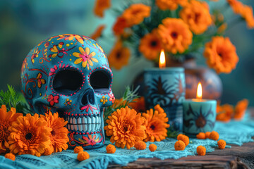 Day of the Dead skull with orange marigold flowers - 783765478