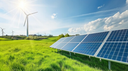 Solar energy panels and wind turbines on green field. - 783765499