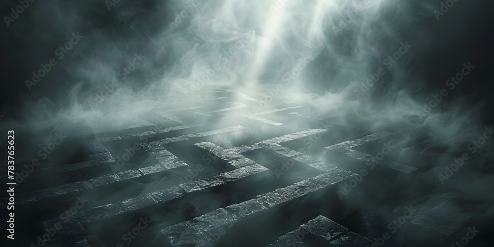 Poster light beams navigating through misty maze symbolizing complexity and mystery