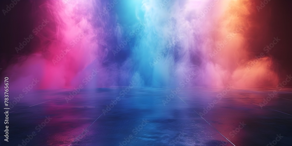 Poster dreamlike gradient of multicolored lights blending within ethereal fog on reflective surface