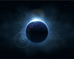Solar eclipse on dark background with space dust and sun beams. Vector illustation.