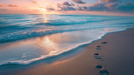 Tranquil Beach Sunset with Footprints in the Sand
 - obrazy, fototapety, plakaty