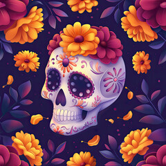 Seamless pattern with sugar skull and flowers. - 783765645