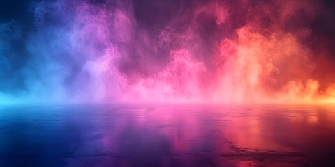 Dreamlike Gradient of Multicolored Lights Blending within Misty Fog Producing a Haunting and Ethereal Landscape