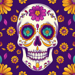 Seamless pattern with sugar skull and flowers. - 783765651