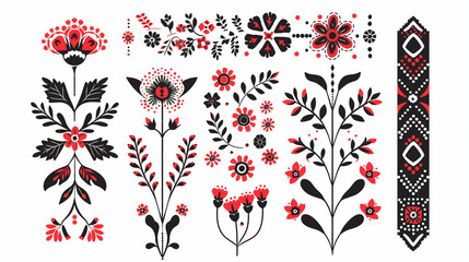 Red and Black Slavic Folk Art Floral Designs
 - obrazy, fototapety, plakaty