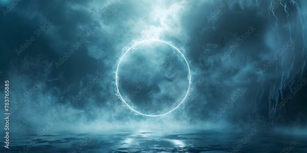 Poster luminous circular portal amidst ethereal fog and atmospheric elements evoking a mystical gateway to 