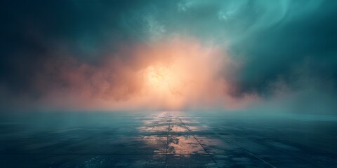 Tranquil Passage Misty Horizon s Glowing Reflection Symbolizes Transition Across Ethereal Landscape