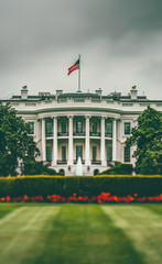 Fototapeta na wymiar White House Facade with American Flag in Selective Focus 