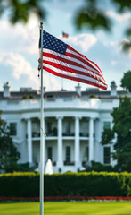 American Flag in Focus with White House in the Background
 - obrazy, fototapety, plakaty