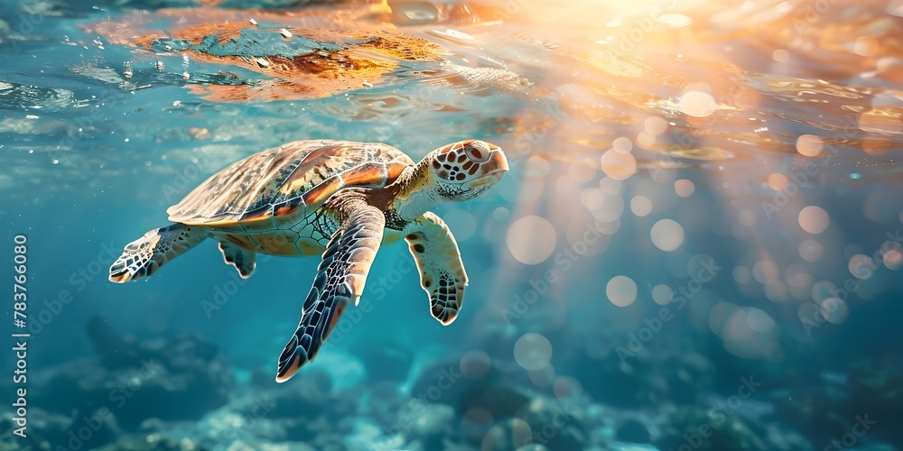 Wall mural close up of a sea turtle gliding gracefully in the ocean with sunlight highlighting its intricate sh