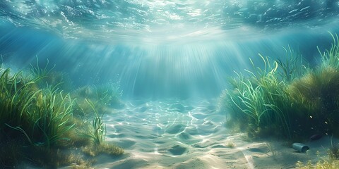 Serene Underwater Landscape with Swaying Sea Grass Bathed in Sunlight and Ocean Current