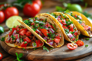 Mexican tacos with meat, vegetables and cheese. - 783766060